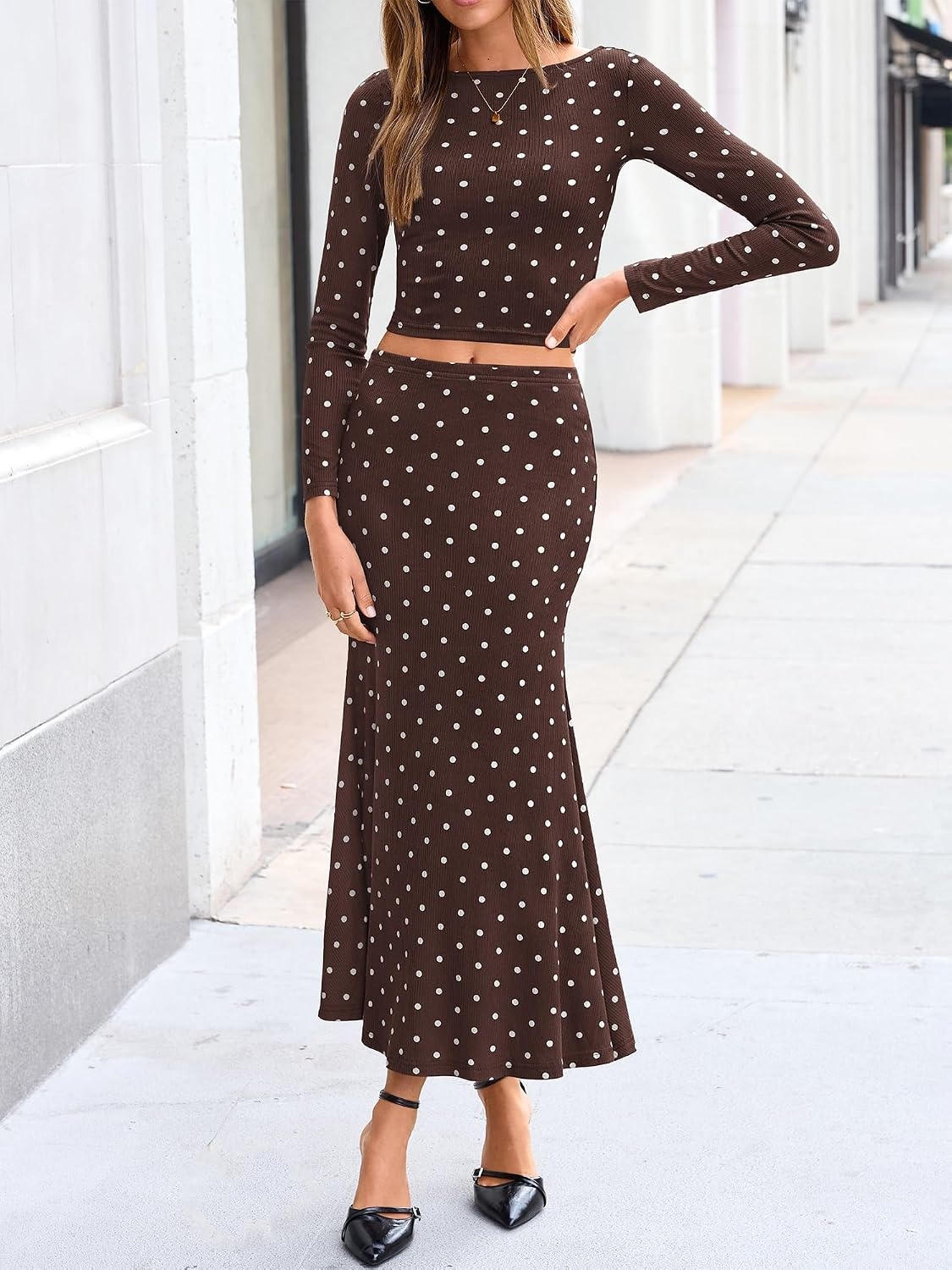 image:imageBTFBM Polka Dot Skirt Matching Sets Women Clothing Fall 2 Piece OutfitsDot Coffee White