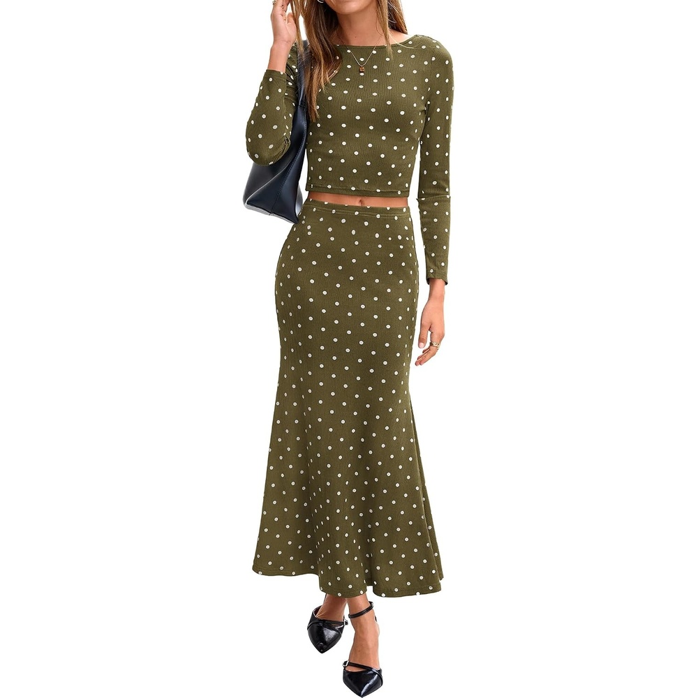 image:imageBTFBM Polka Dot Skirt Matching Sets Women Clothing Fall 2 Piece OutfitsDot Army Green White