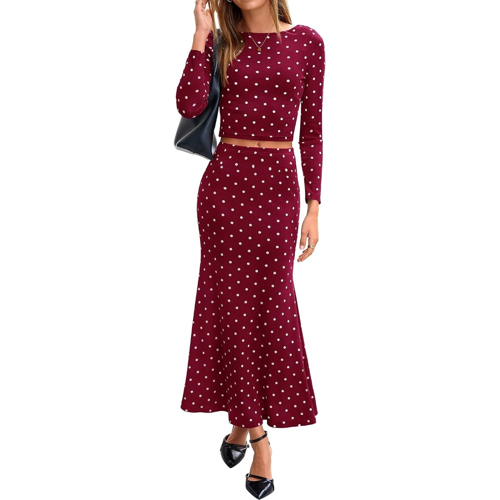 image:imageBTFBM Polka Dot Skirt Matching Sets Women Clothing Fall 2 Piece OutfitsDot Burgundy White