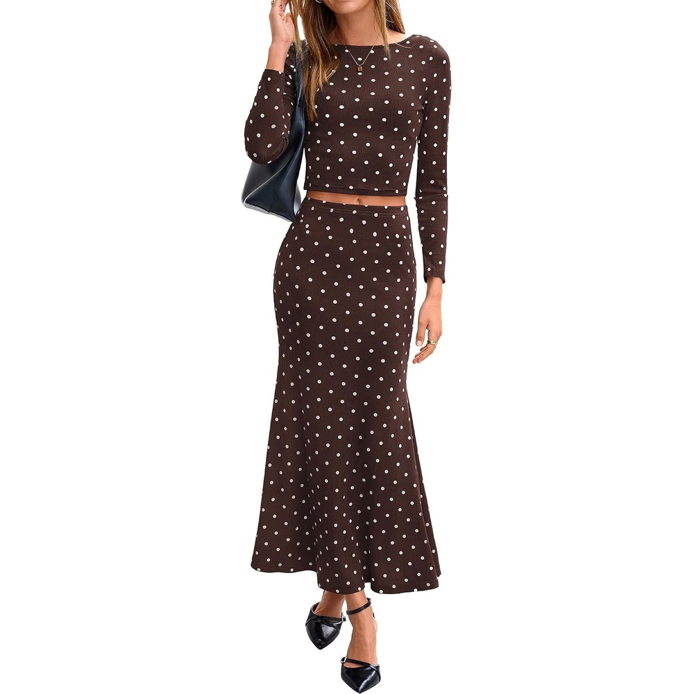 image:imageBTFBM Polka Dot Skirt Matching Sets Women Clothing Fall 2 Piece OutfitsDot Coffee White