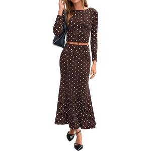 BTFBM Polka Dot Skirt Matching Sets Women Clothing Fall 2 Piece Outfits(Dot Coffee White)