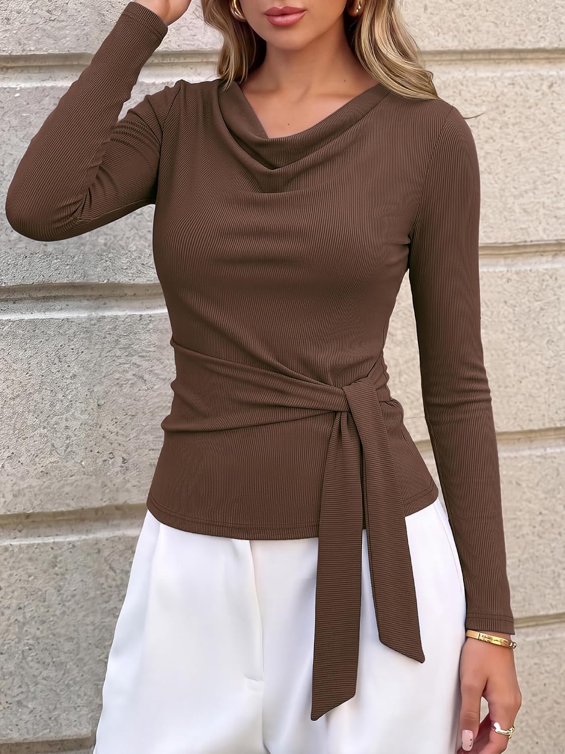 image:imageBTFBM Fall Tops for Women Tie Waist Wrap Blouses Business Casual OutfitsCoffee