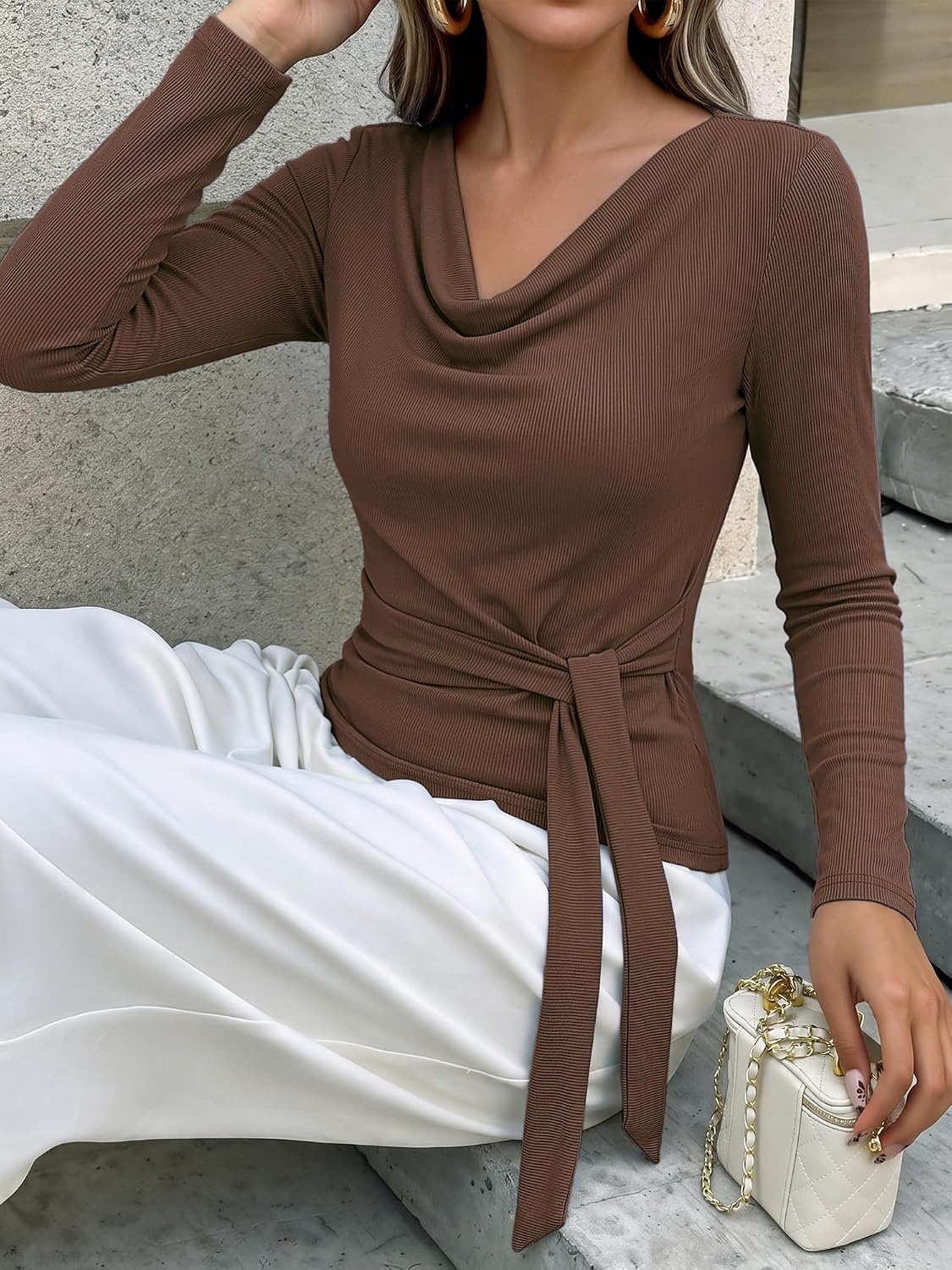 image:imageBTFBM Fall Tops for Women Tie Waist Wrap Blouses Business Casual OutfitsCoffee