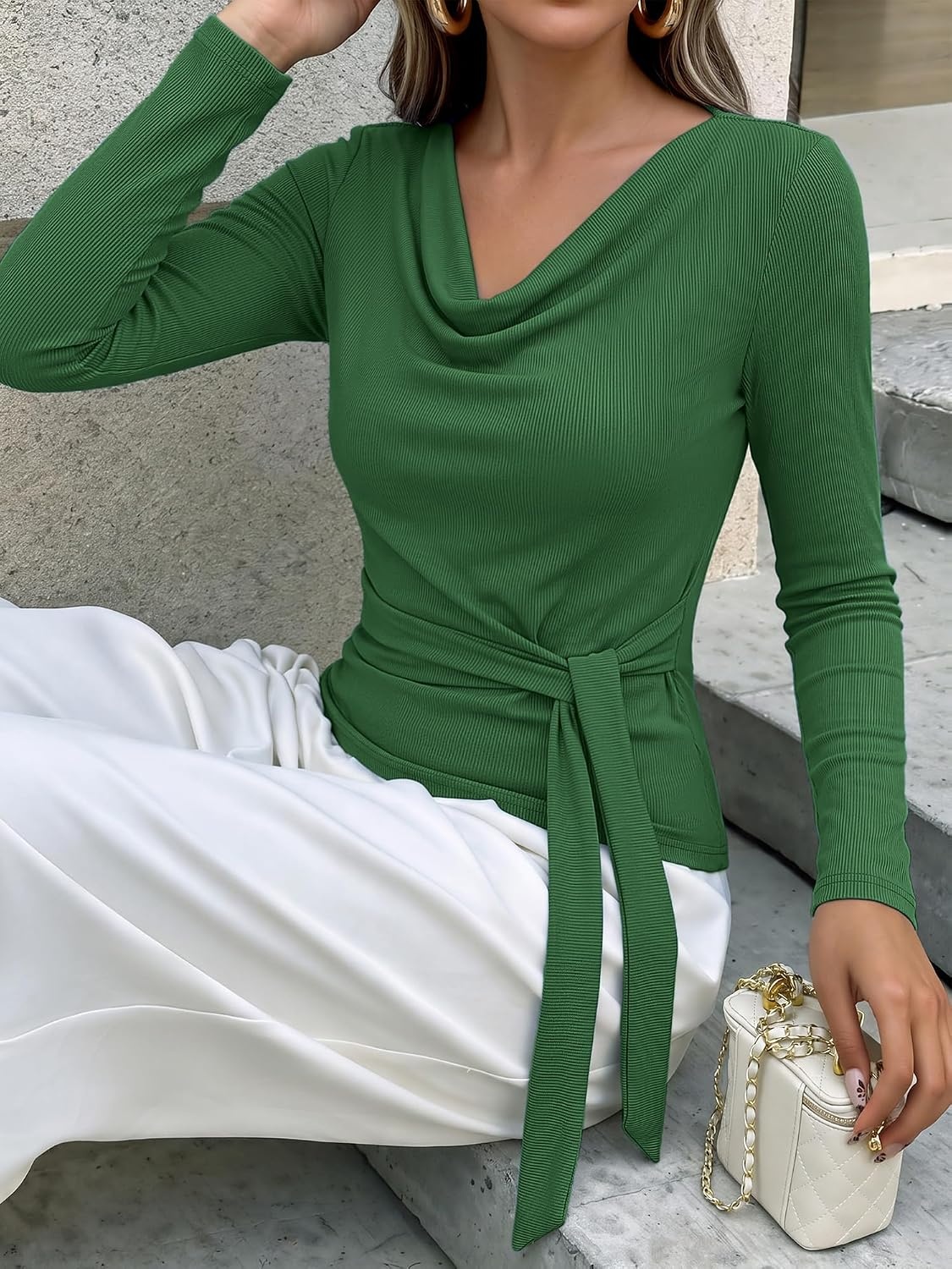 image:imageBTFBM Fall Tops for Women Tie Waist Wrap Blouses Business Casual OutfitsDark Green