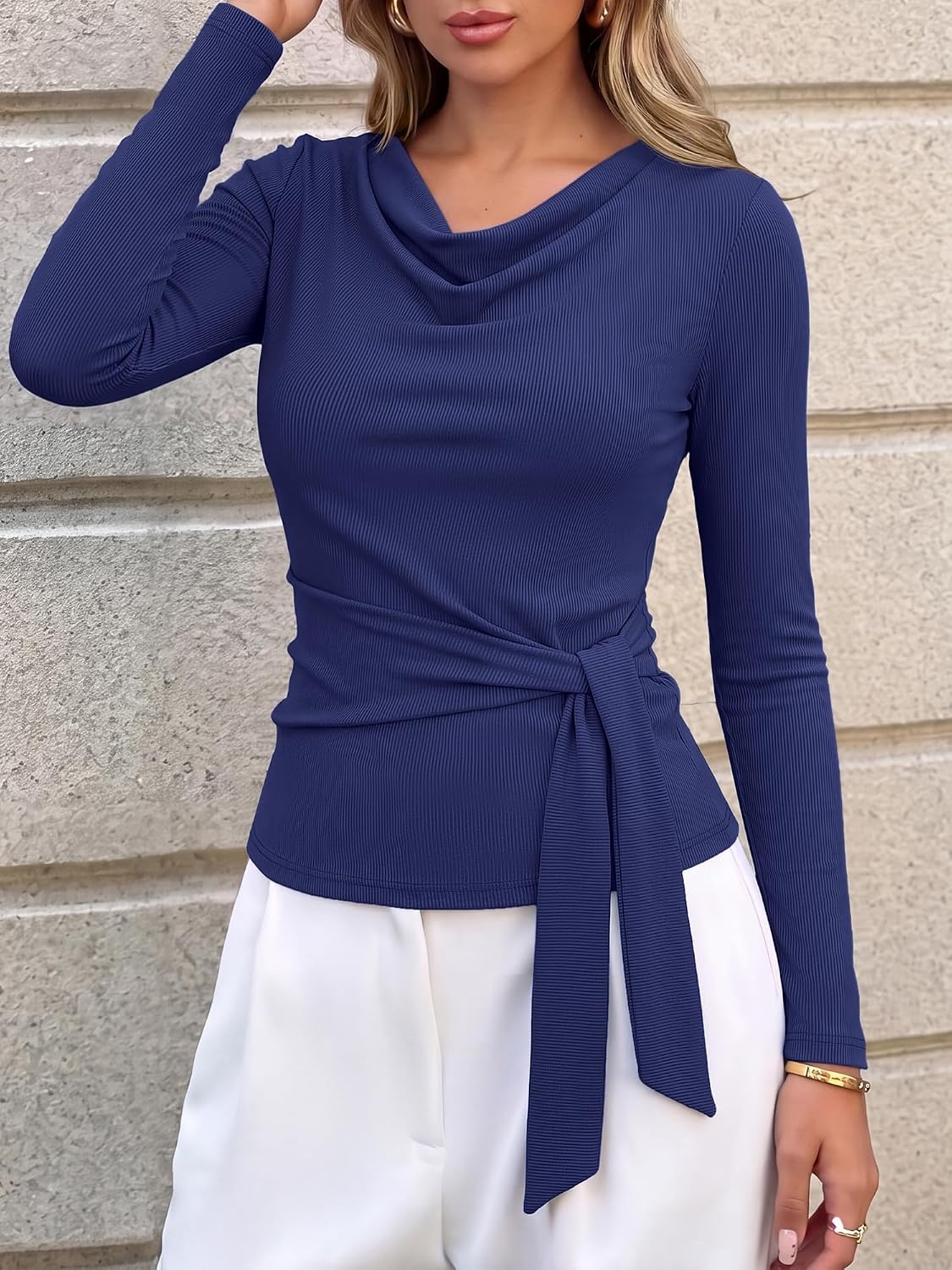 image:imageBTFBM Fall Tops for Women Tie Waist Wrap Blouses Business Casual OutfitsNavy