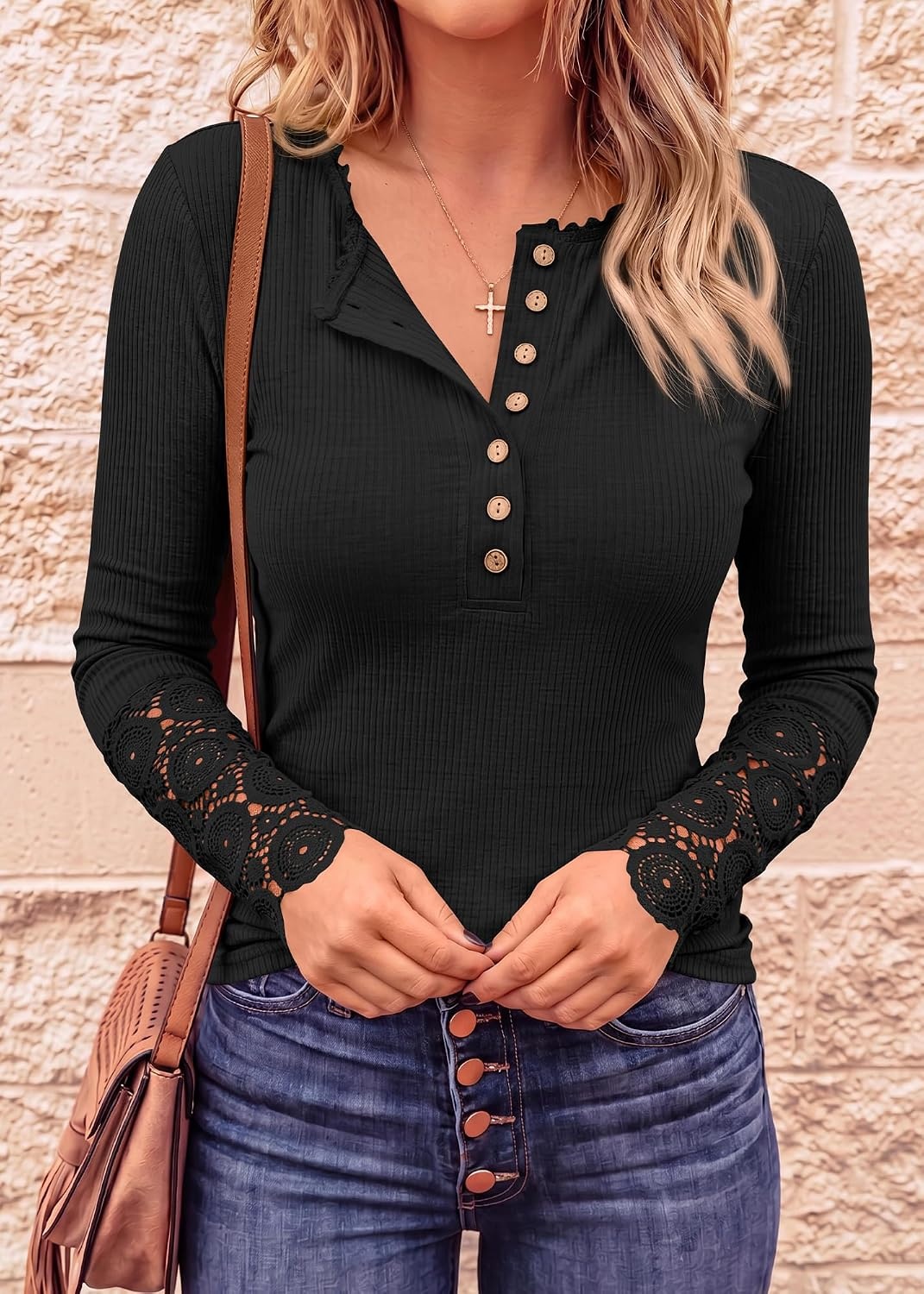 image:imageBTFBM Women Long Sleeve Button Up Lace Slim Fall TShirtBlack