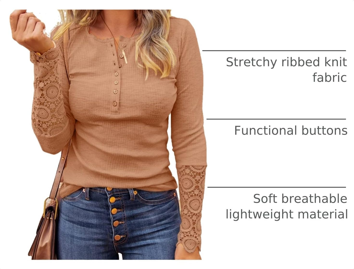 image:imageBTFBM Women Long Sleeve Button Up Lace Slim Fall TShirtCamel