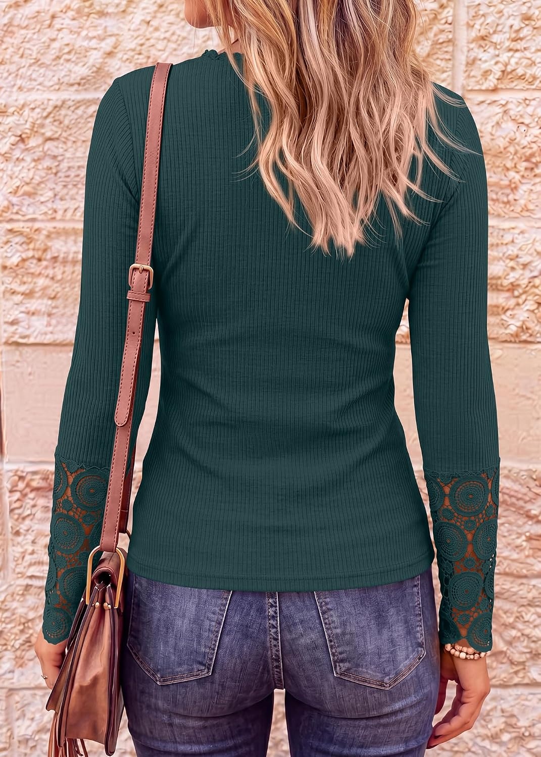 image:imageBTFBM Women Long Sleeve Button Up Lace Slim Fall TShirtDark Green