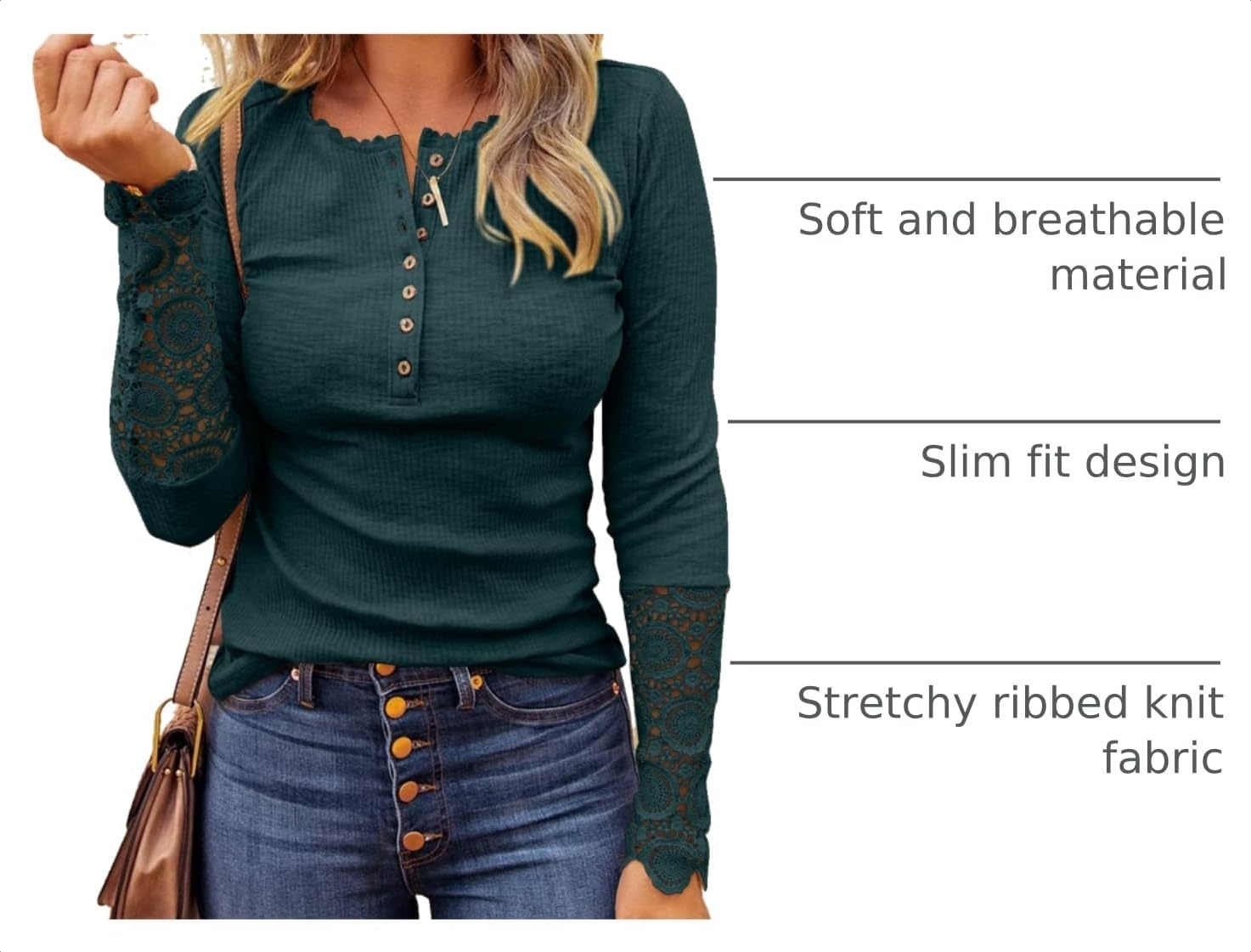image:imageBTFBM Women Long Sleeve Button Up Lace Slim Fall TShirtDark Green