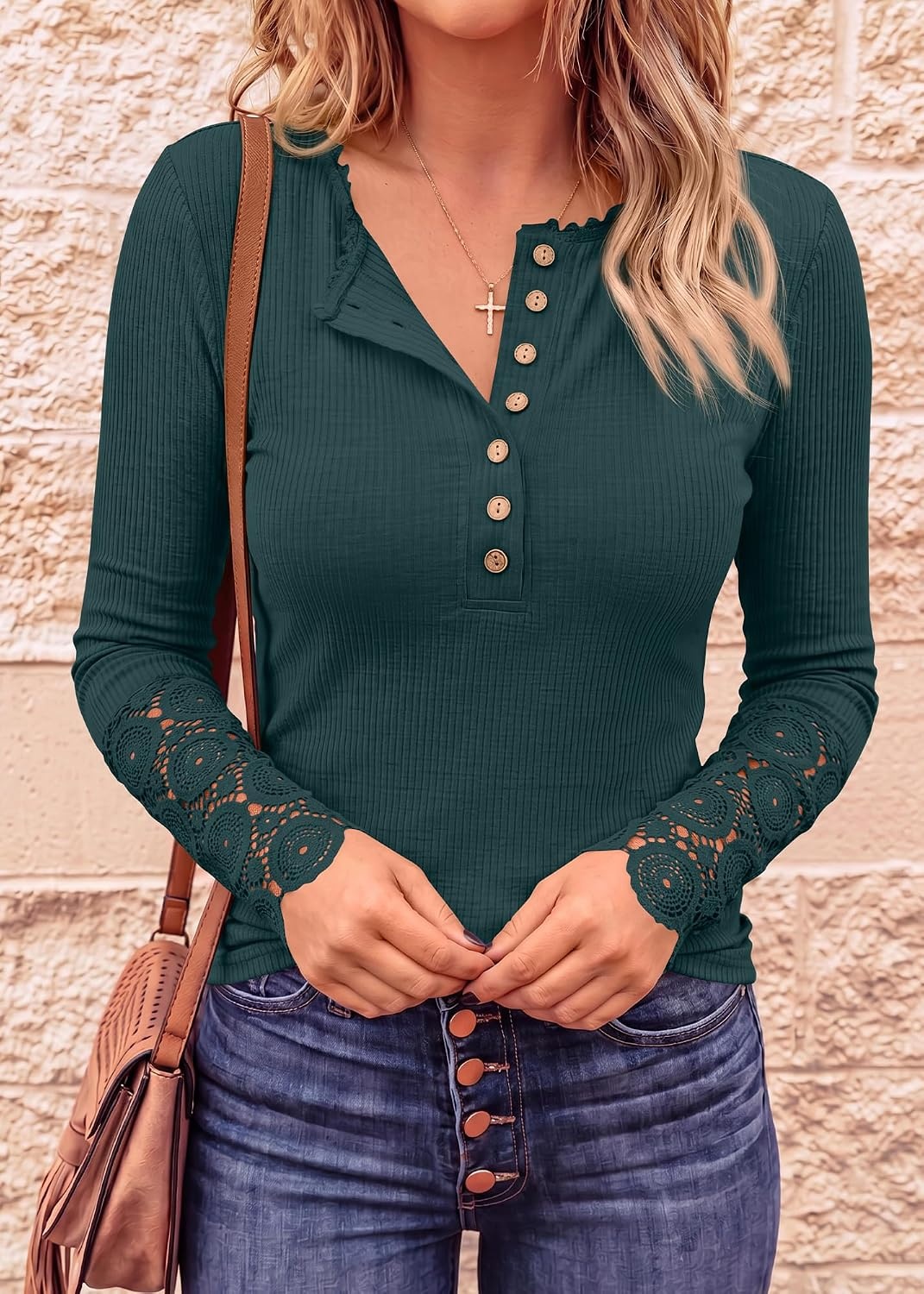 image:imageBTFBM Women Long Sleeve Button Up Lace Slim Fall TShirtDark Green