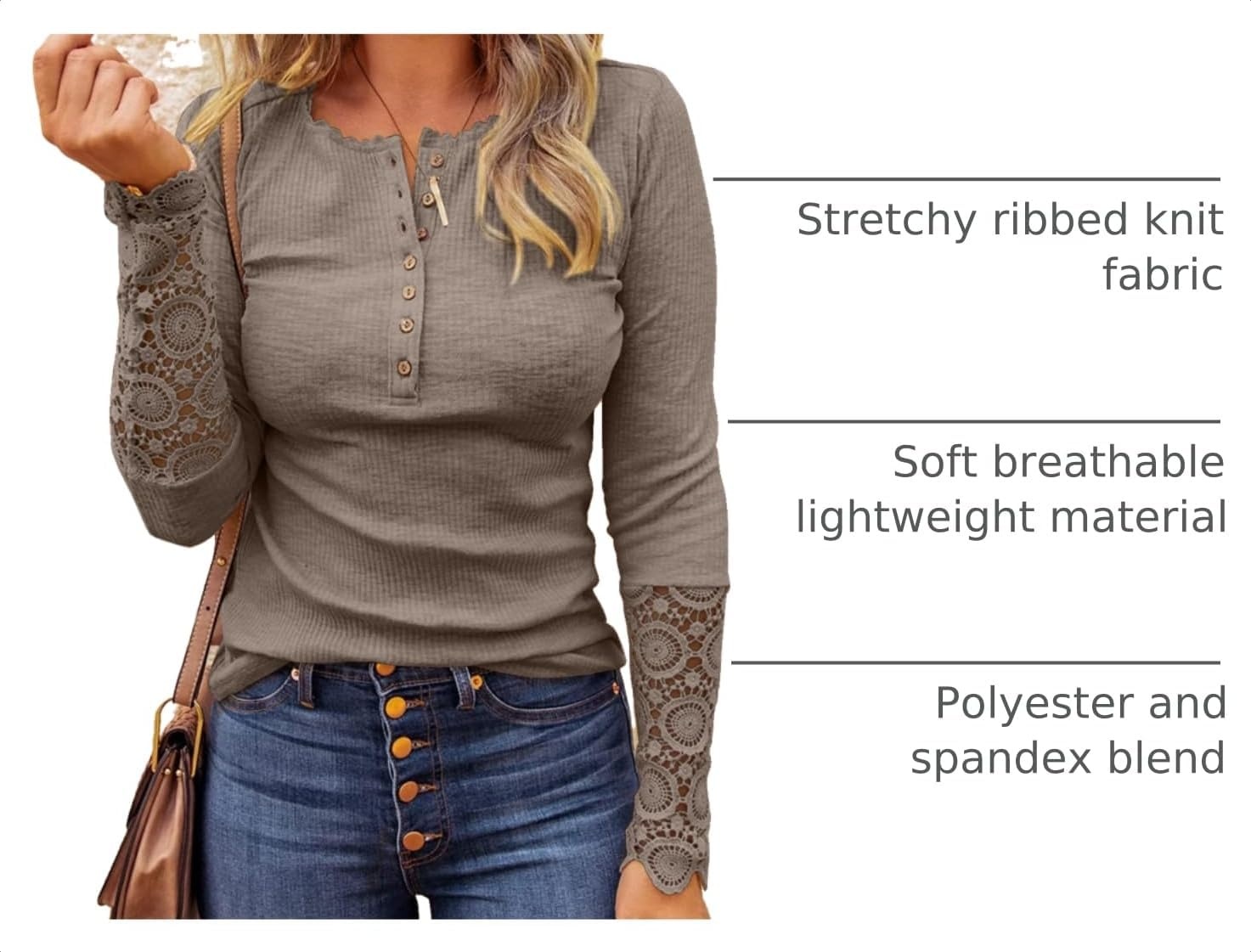 image:imageBTFBM Women Long Sleeve Button Up Lace Slim Fall TShirtDark Khaki