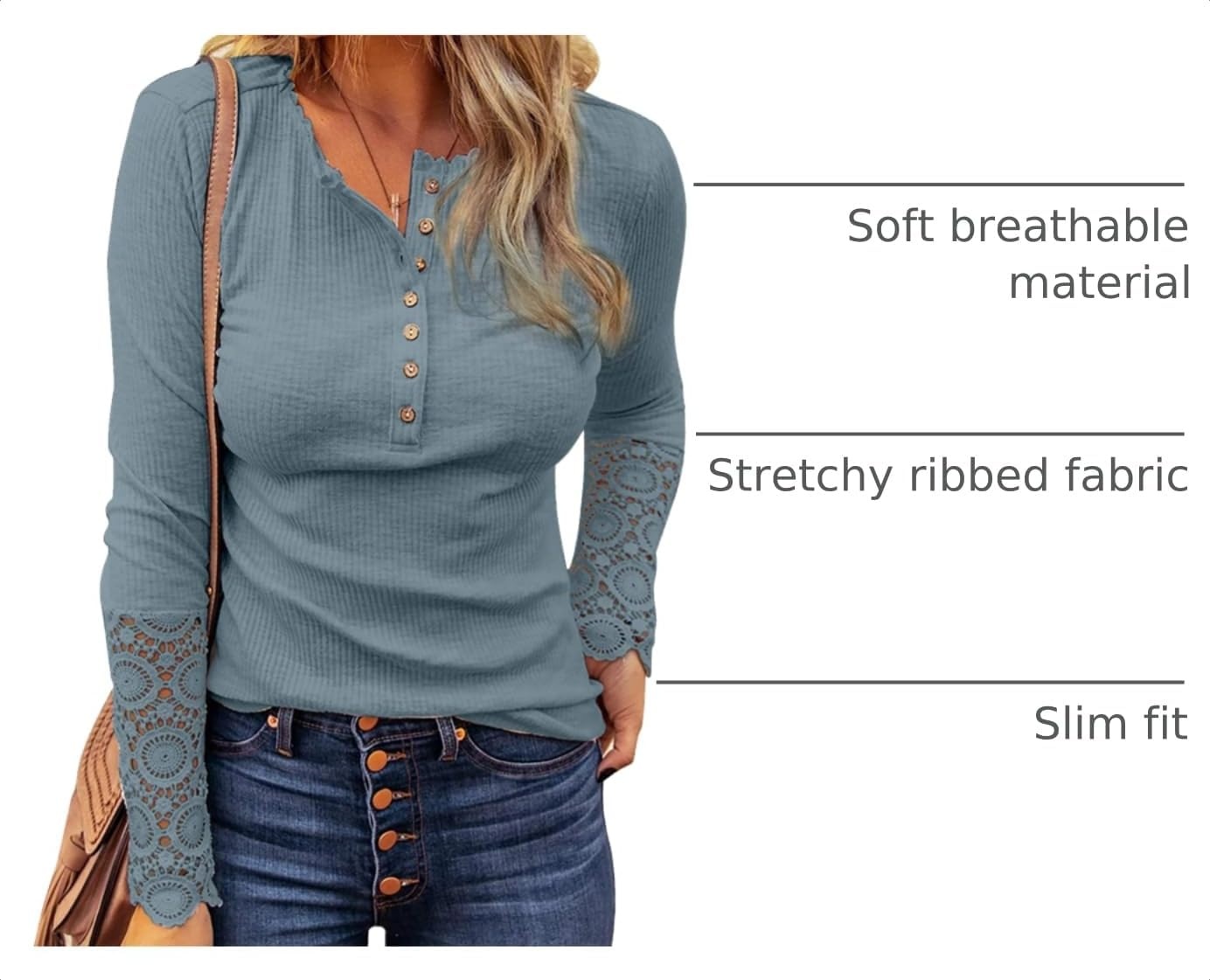 image:imageBTFBM Women Long Sleeve Button Up Lace Slim Fall TShirtGrey