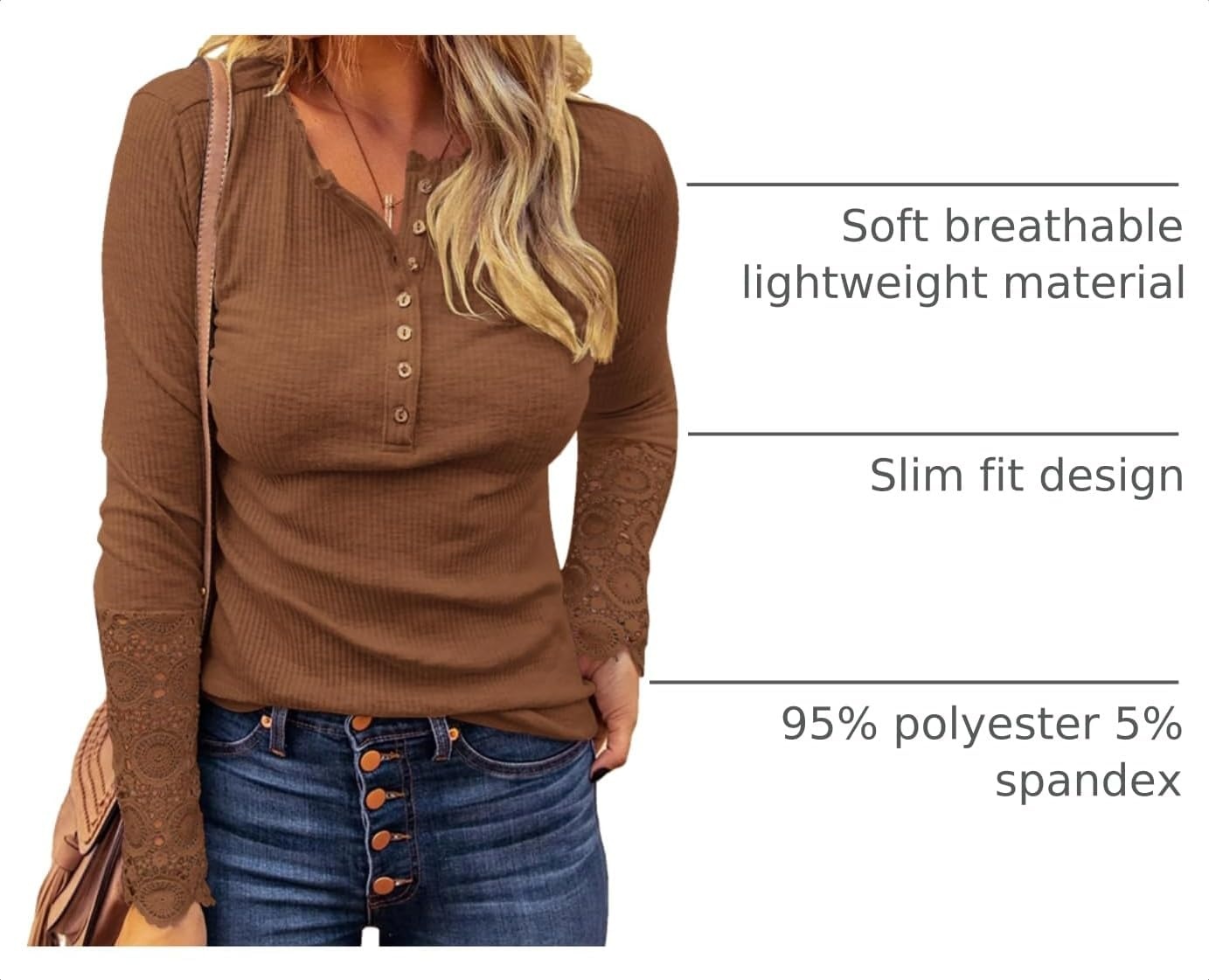 image:imageBTFBM Women Long Sleeve Button Up Lace Slim Fall TShirtLace Light Brown