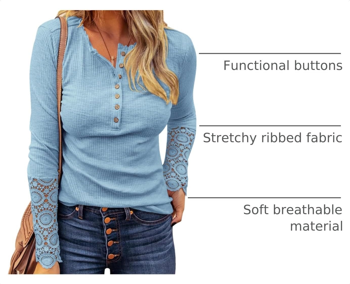 image:imageBTFBM Women Long Sleeve Button Up Lace Slim Fall TShirtLace Sky Blue