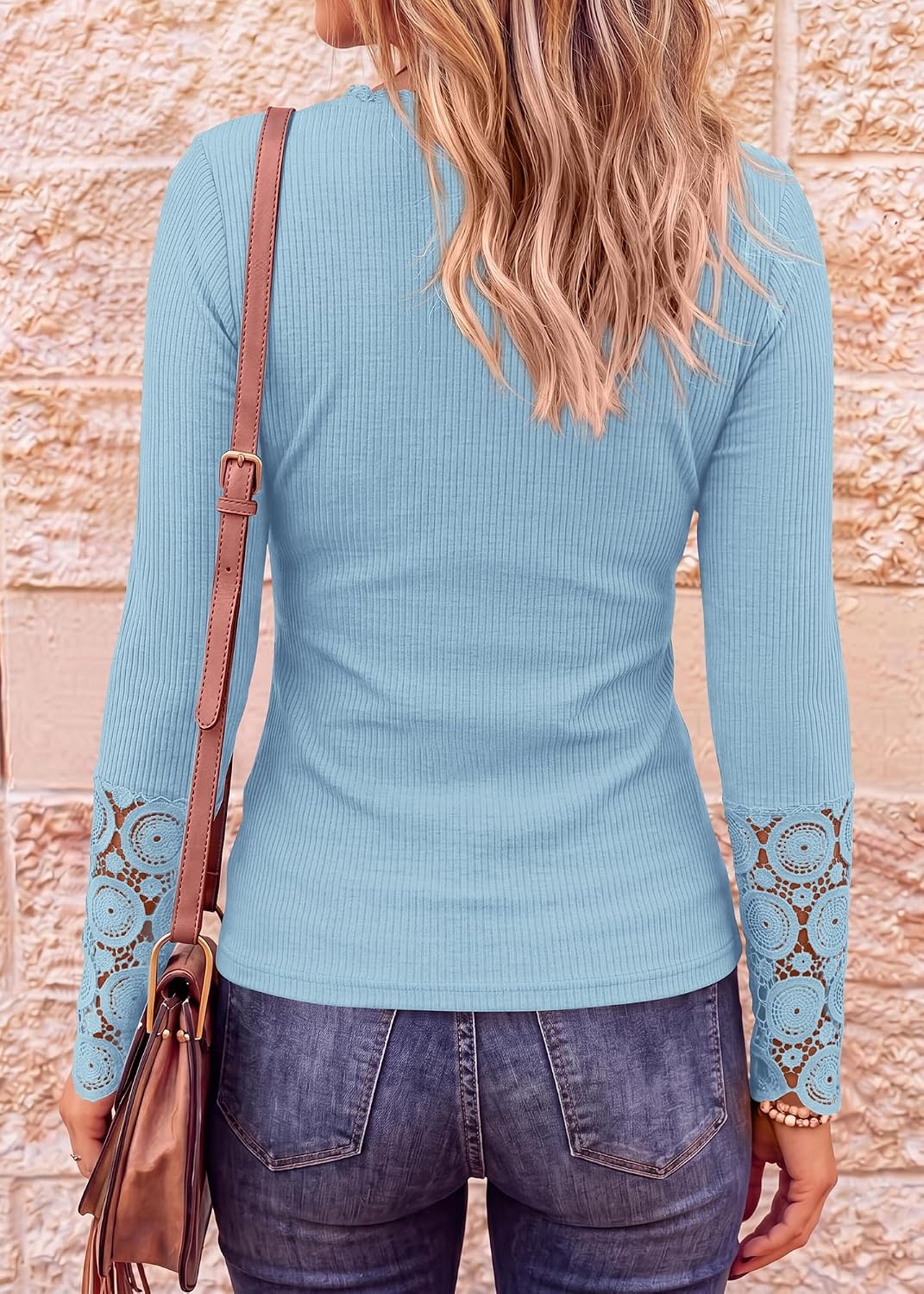 image:imageBTFBM Women Long Sleeve Button Up Lace Slim Fall TShirtLace Sky Blue