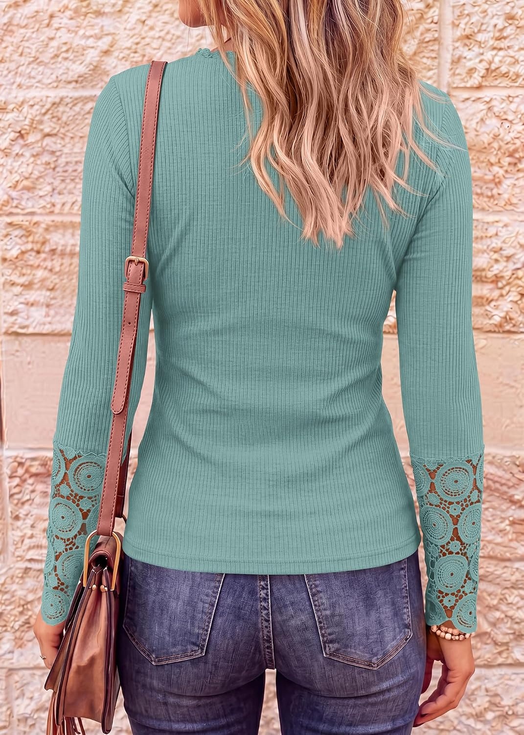 image:imageBTFBM Women Long Sleeve Button Up Lace Slim Fall TShirtLake Green