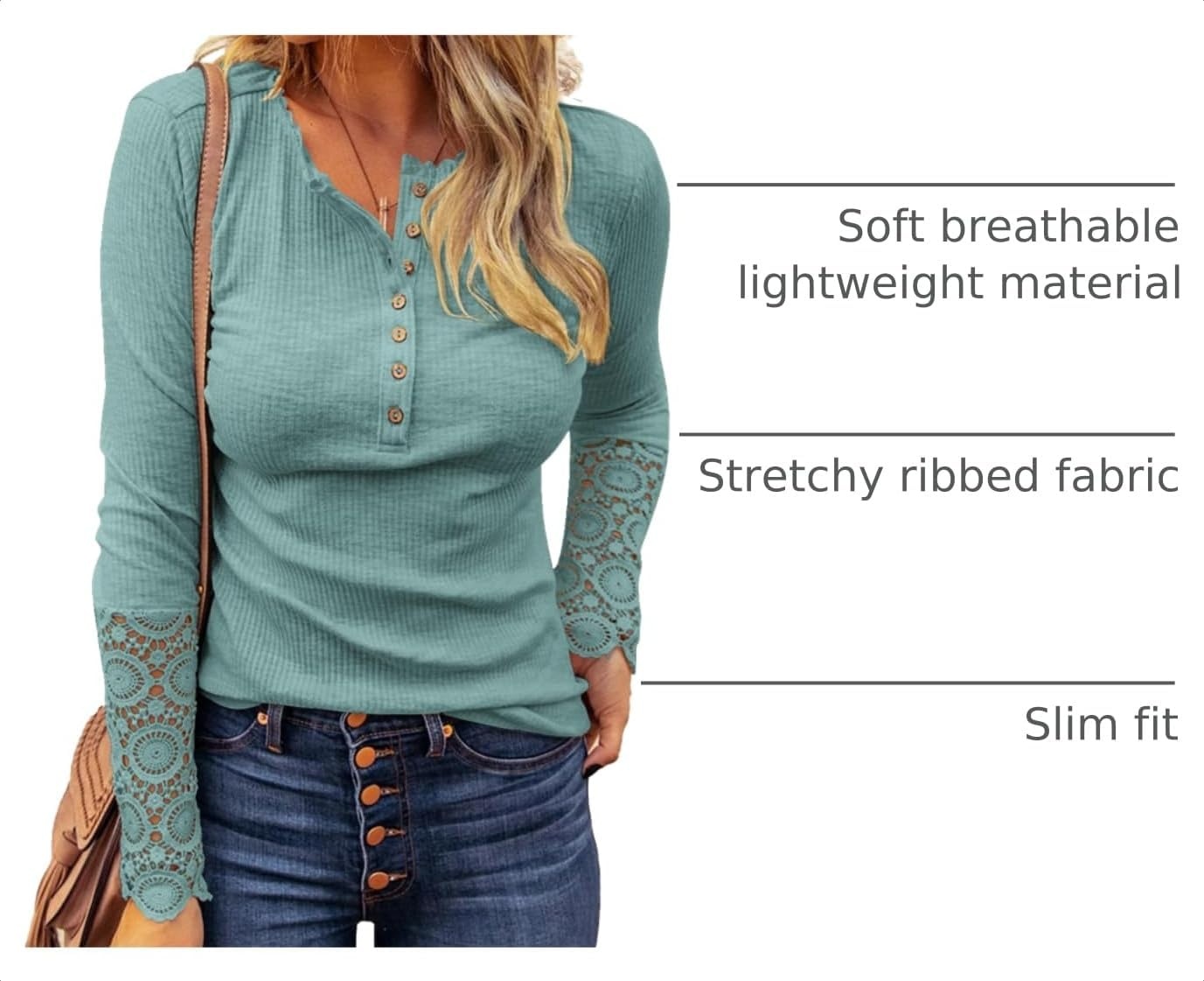 image:imageBTFBM Women Long Sleeve Button Up Lace Slim Fall TShirtLake Green