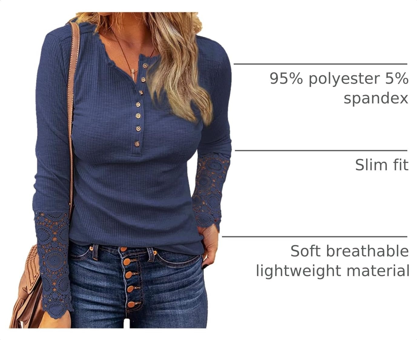 image:imageBTFBM Women Long Sleeve Button Up Lace Slim Fall TShirtNavy