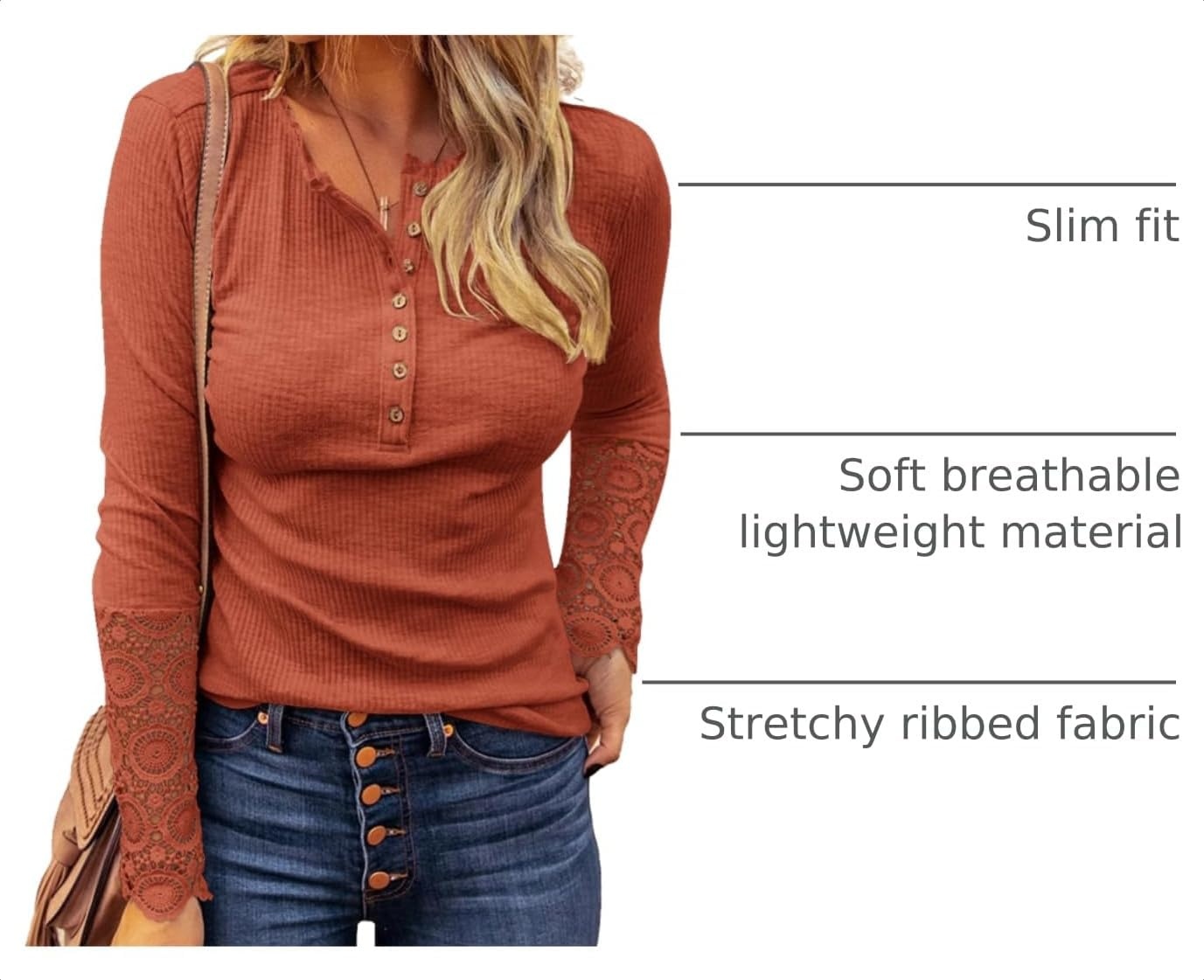 image:imageBTFBM Women Long Sleeve Button Up Lace Slim Fall TShirtOrange