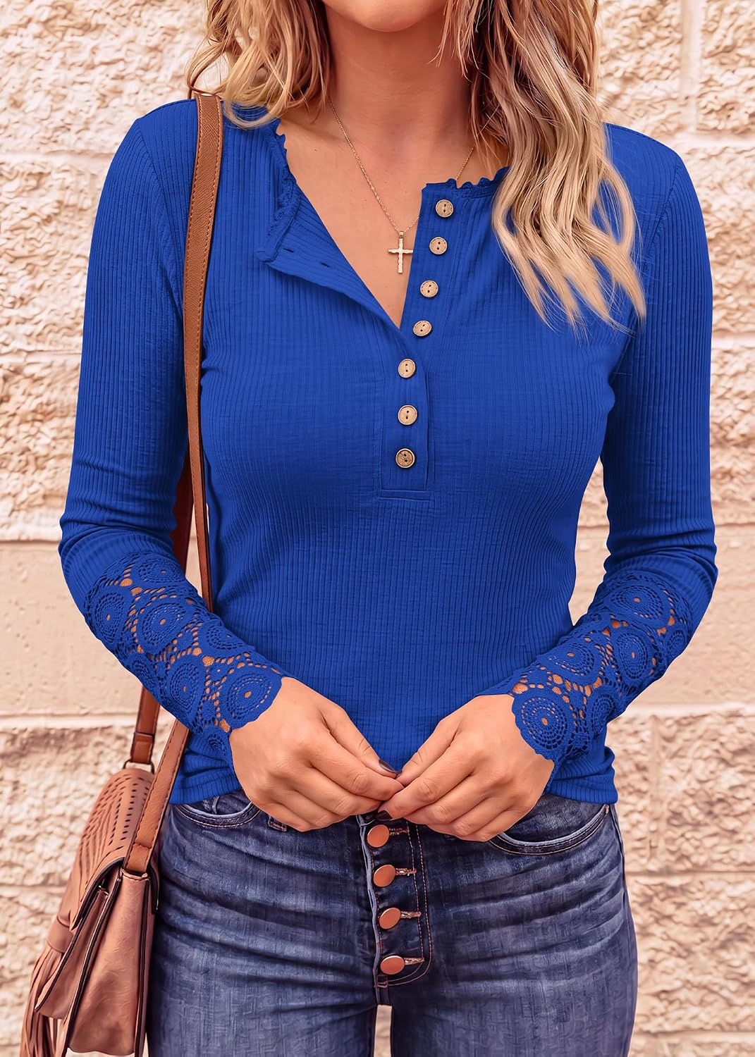 image:imageBTFBM Women Long Sleeve Button Up Lace Slim Fall TShirtRoyal Blue