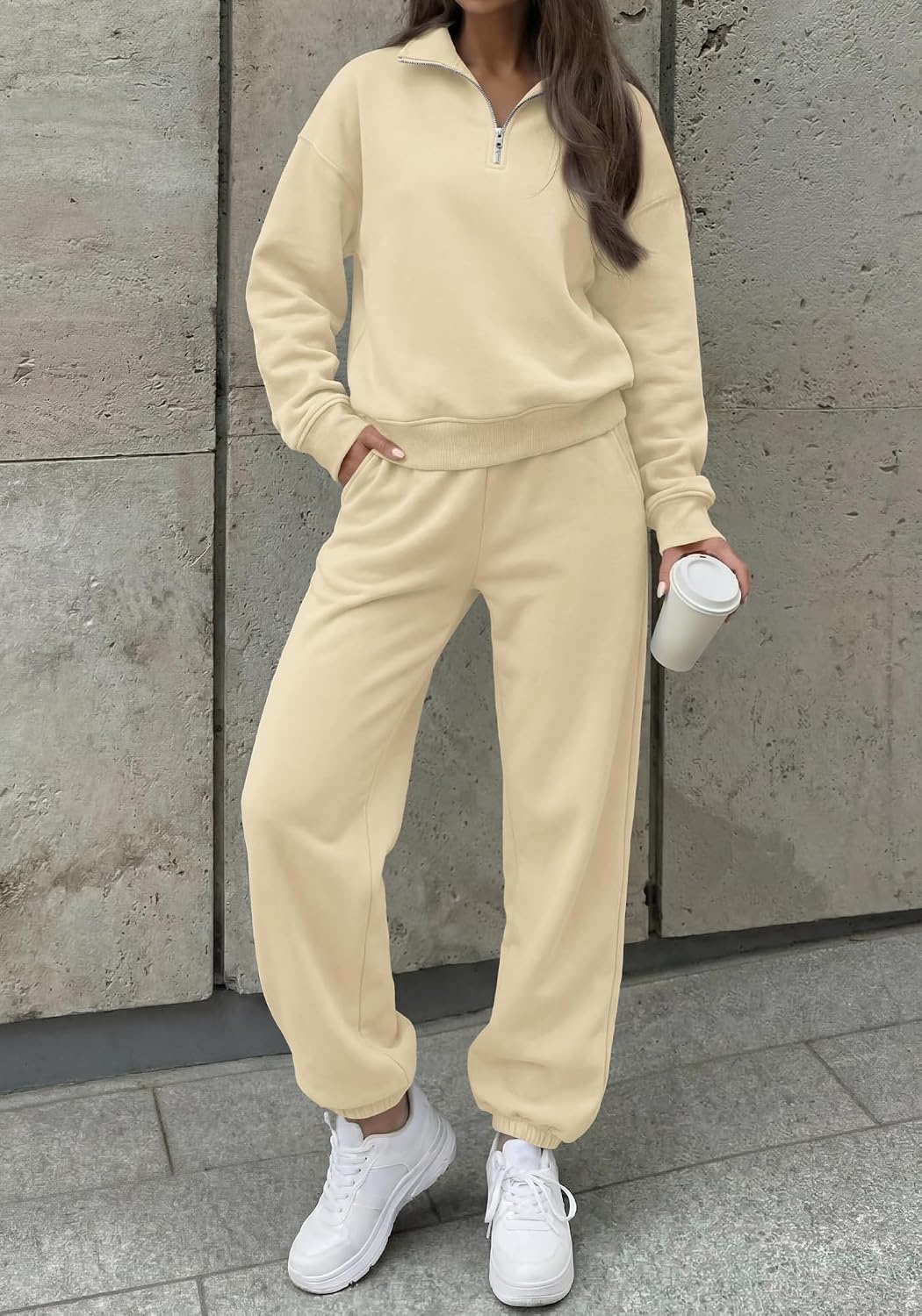 image:imageBTFBM Womens 2 Piece Outfits Sweatsuit Fleece Lounge SetsApricot