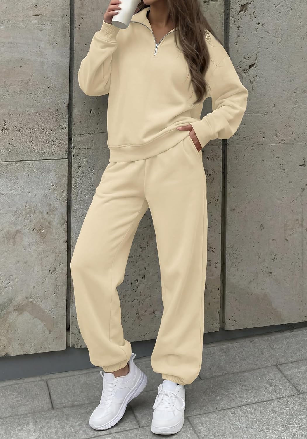image:imageBTFBM Womens 2 Piece Outfits Sweatsuit Fleece Lounge SetsApricot