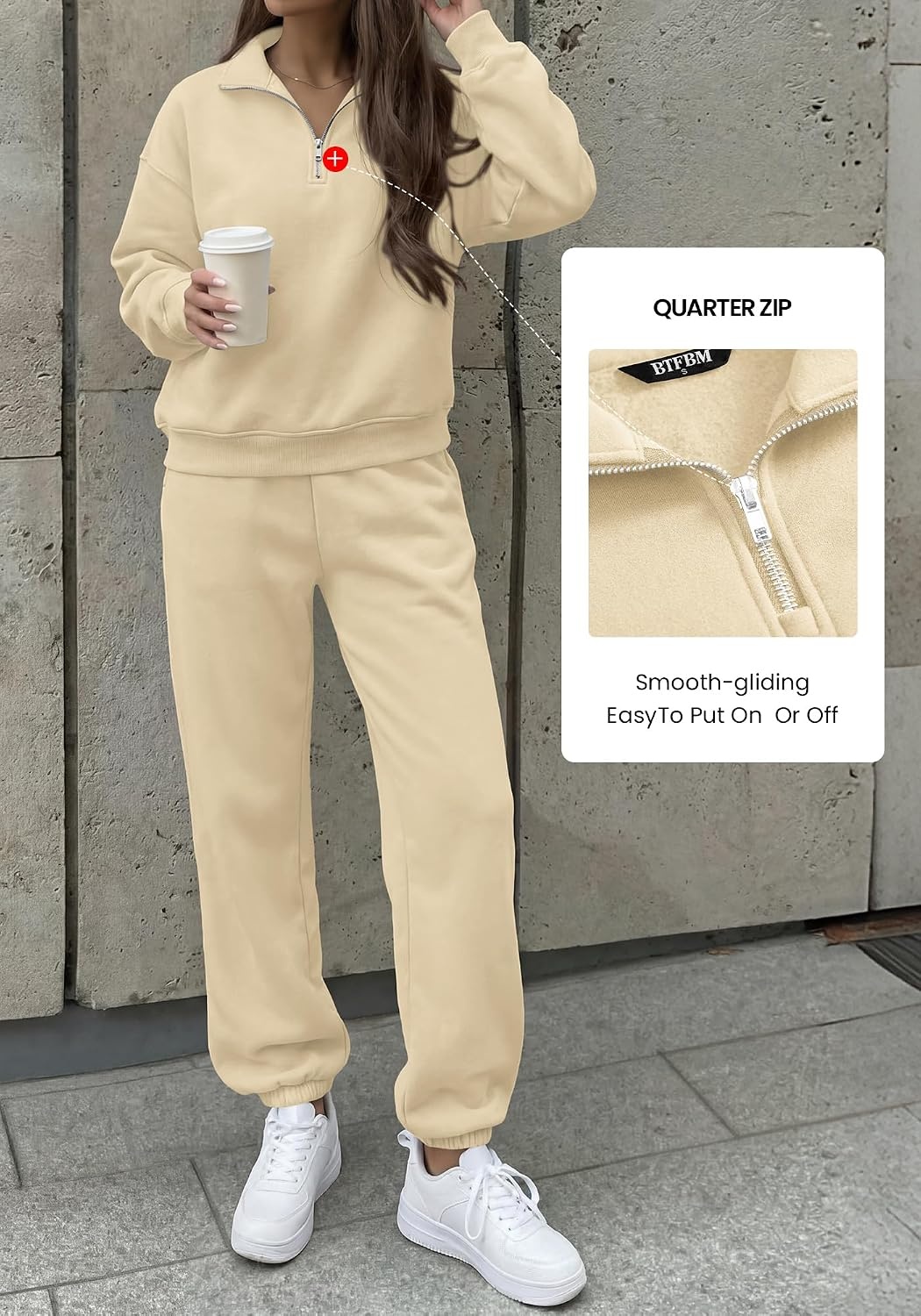 image:imageBTFBM Womens 2 Piece Outfits Sweatsuit Fleece Lounge SetsApricot