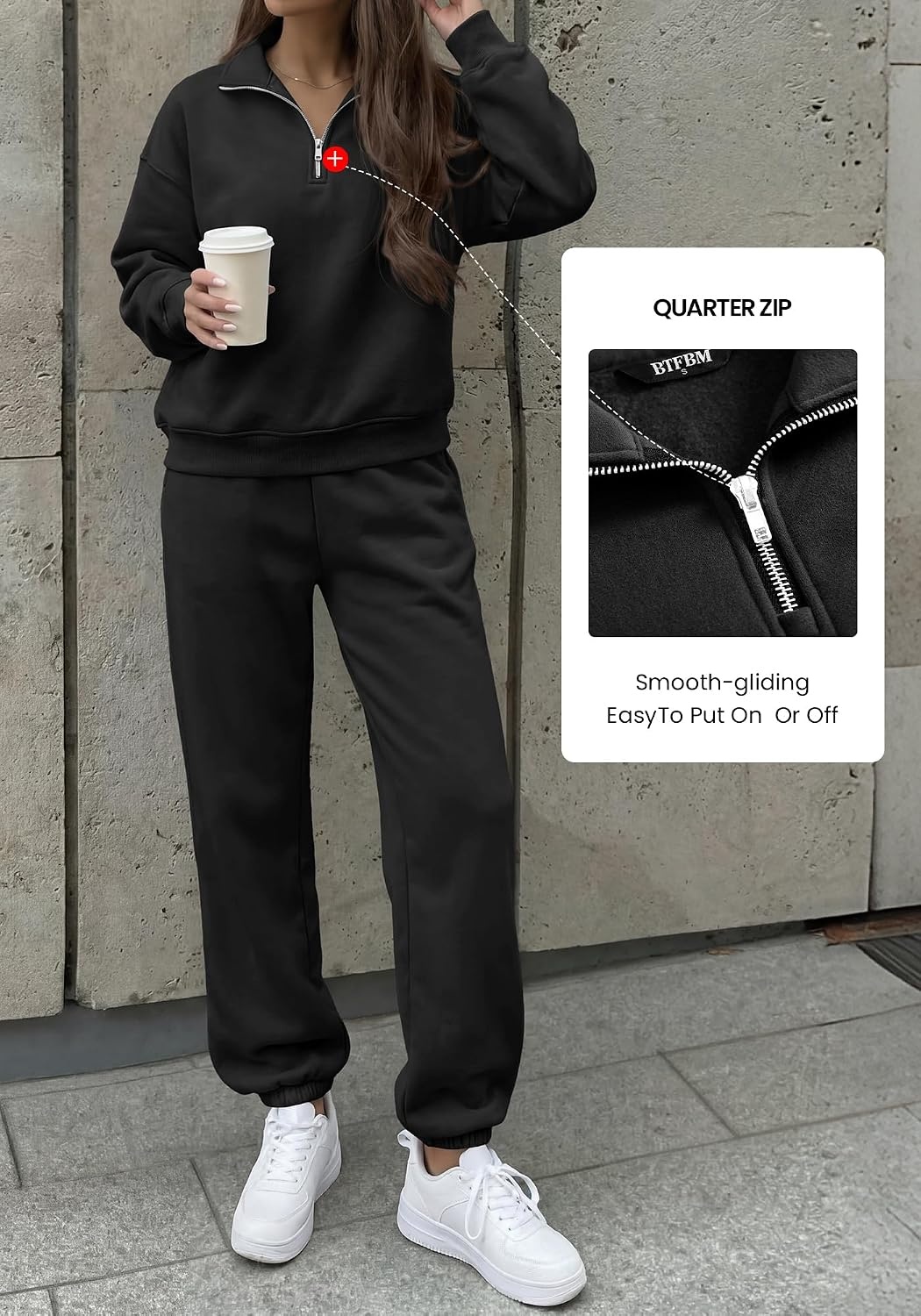 image:imageBTFBM Womens 2 Piece Outfits Sweatsuit Fleece Lounge SetsBlack