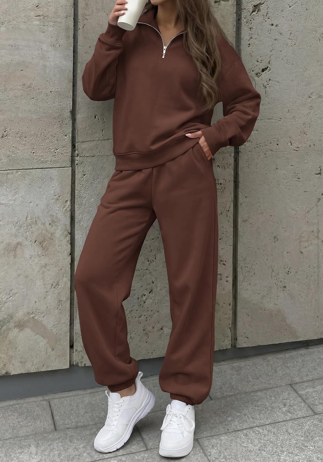 image:imageBTFBM Womens 2 Piece Outfits Sweatsuit Fleece Lounge SetsBrown