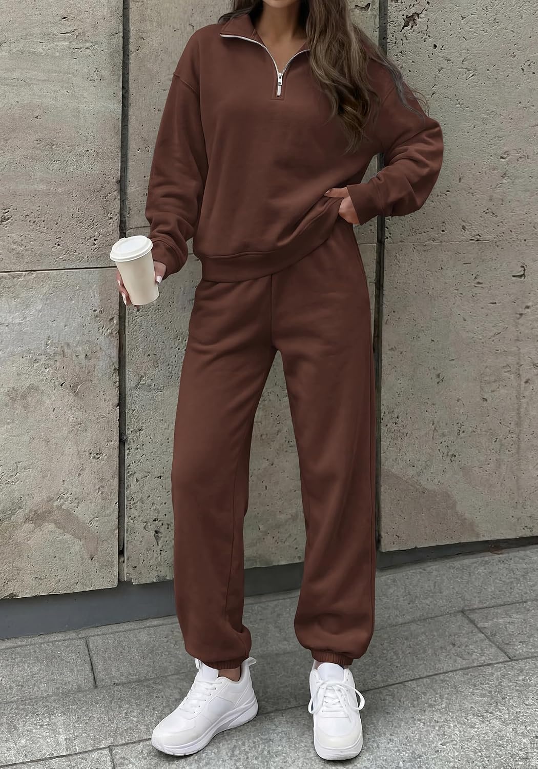 image:imageBTFBM Womens 2 Piece Outfits Sweatsuit Fleece Lounge SetsBrown