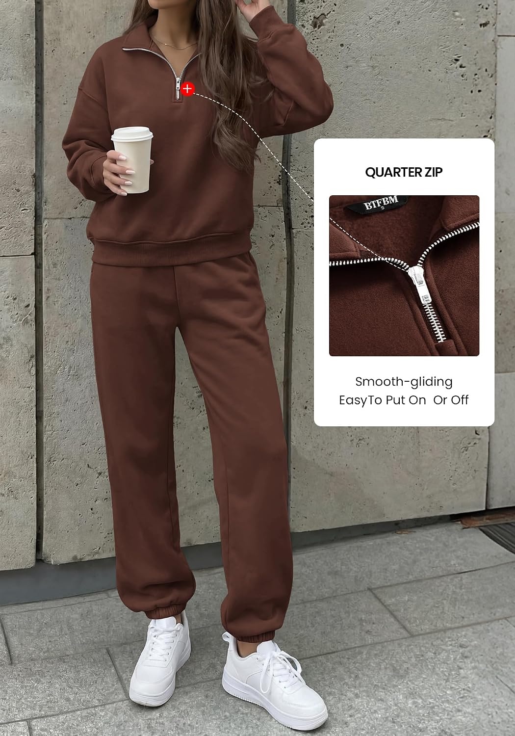 image:imageBTFBM Womens 2 Piece Outfits Sweatsuit Fleece Lounge SetsBrown