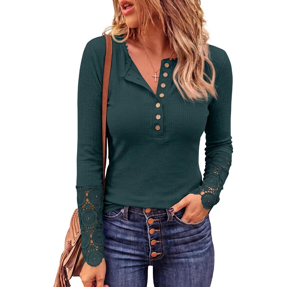 image:imageBTFBM Women Long Sleeve Button Up Lace Slim Fall TShirtDark Green