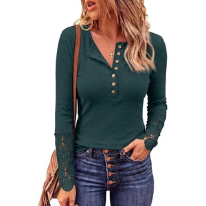 BTFBM Women Long Sleeve Button Up Lace Slim Fall T-Shirt(Dark Green)