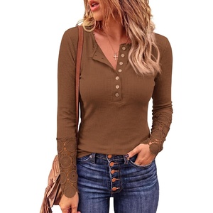 BTFBM Women Long Sleeve Button Up Lace Slim Fall T-Shirt(Lace Light Brown)