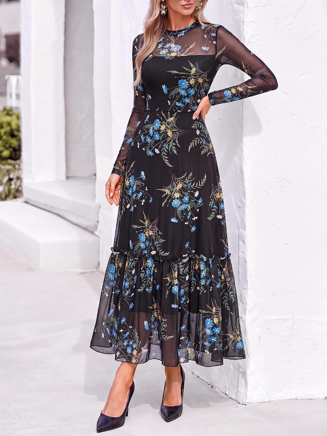 image:imageBTFBM Boho Mesh Long Sleeve Dress for WomenFloral Black Blue