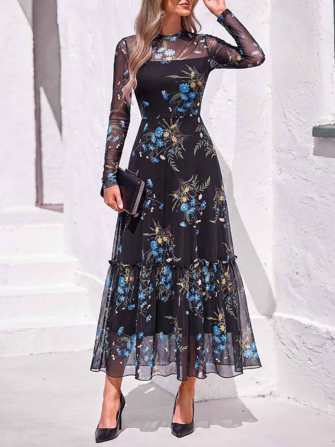 image:imageBTFBM Boho Mesh Long Sleeve Dress for WomenFloral Black Blue