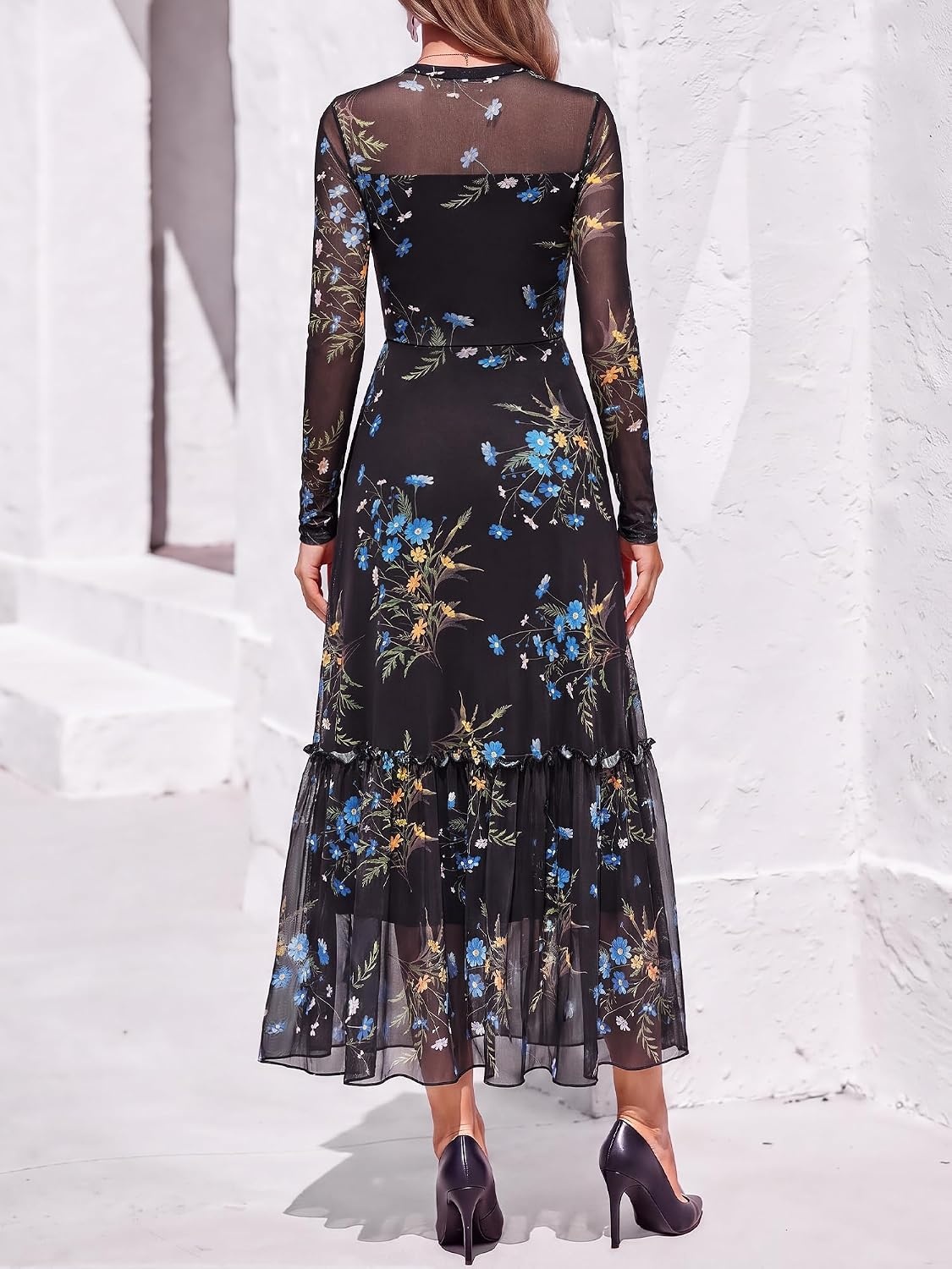 image:imageBTFBM Boho Mesh Long Sleeve Dress for WomenFloral Black Blue