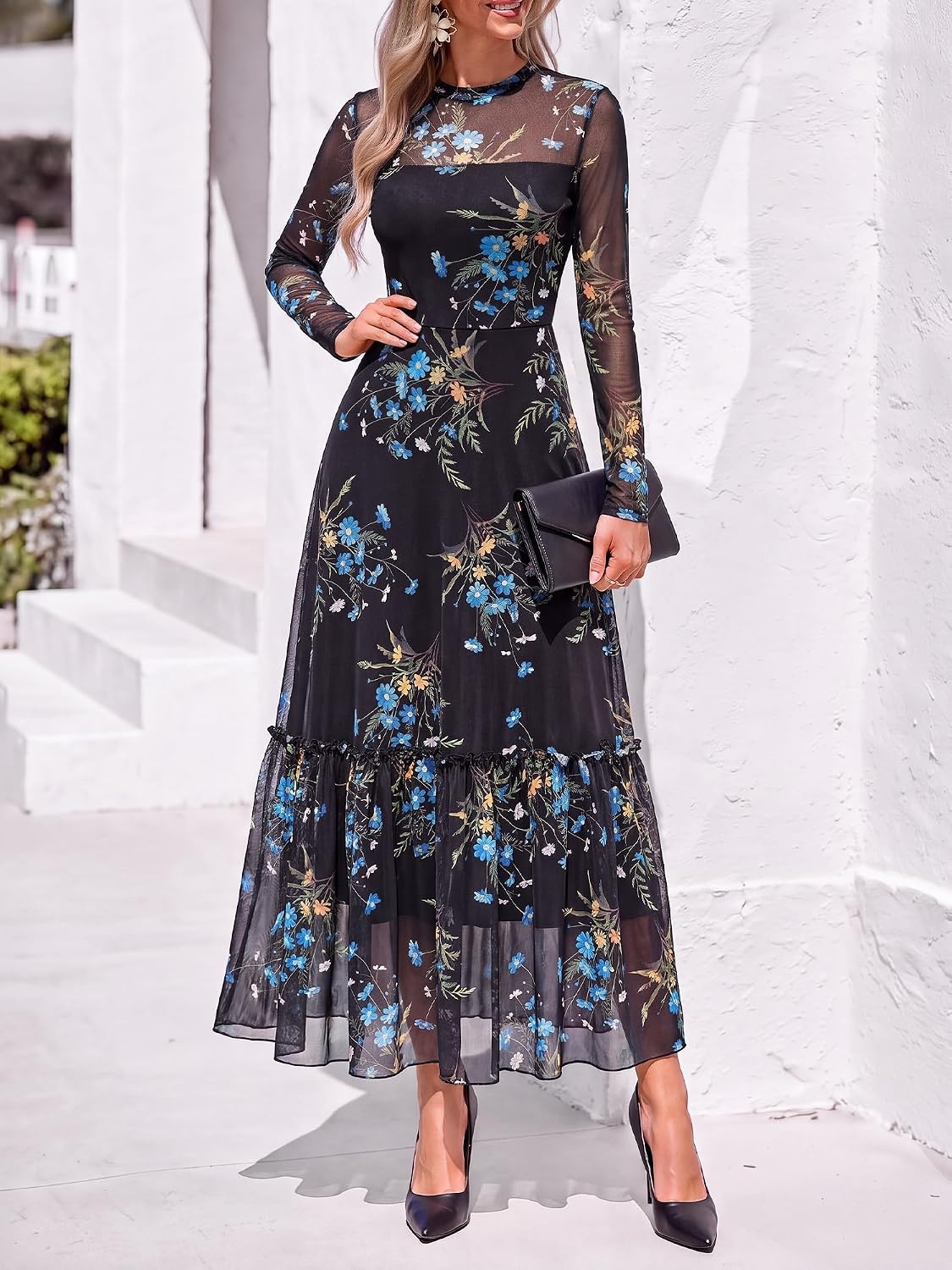 image:imageBTFBM Boho Mesh Long Sleeve Dress for WomenFloral Black Blue