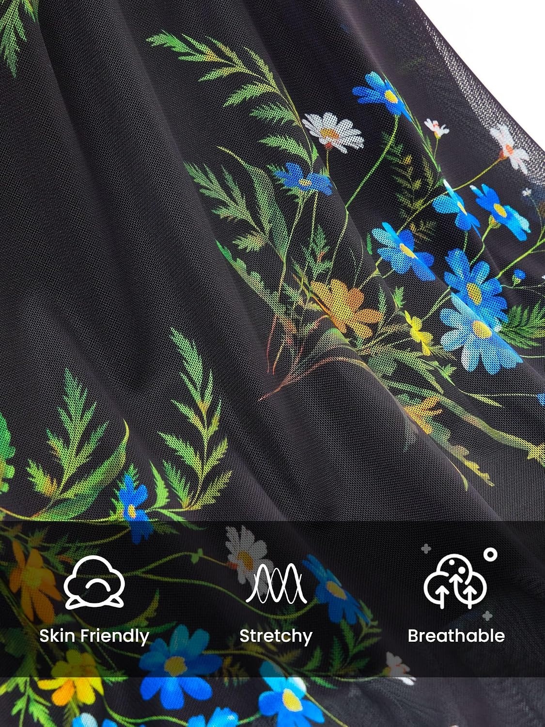image:imageBTFBM Boho Mesh Long Sleeve Dress for WomenFloral Black Blue