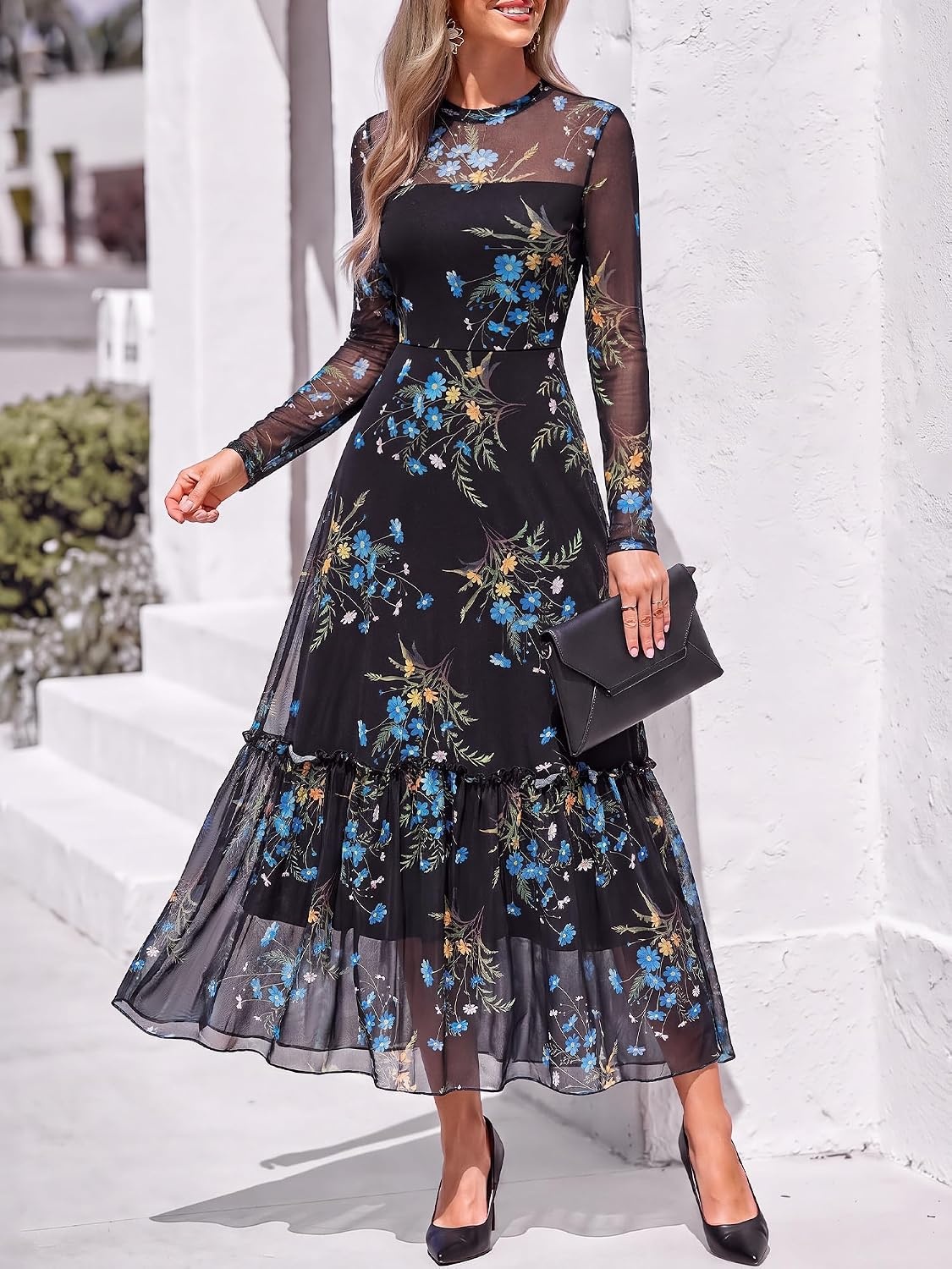 image:imageBTFBM Boho Mesh Long Sleeve Dress for WomenFloral Black Blue