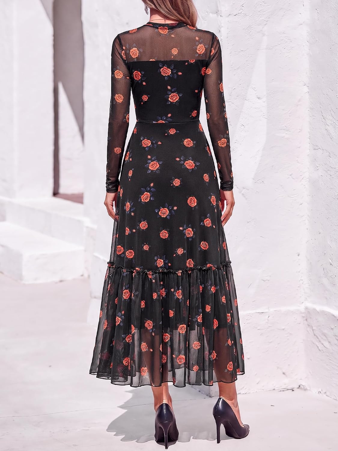 image:imageBTFBM Boho Mesh Long Sleeve Dress for WomenFloral Black Orange