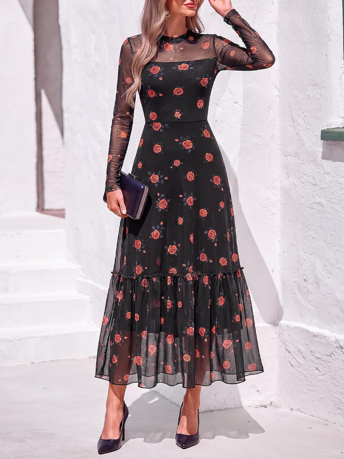 image:imageBTFBM Boho Mesh Long Sleeve Dress for WomenFloral Black Orange