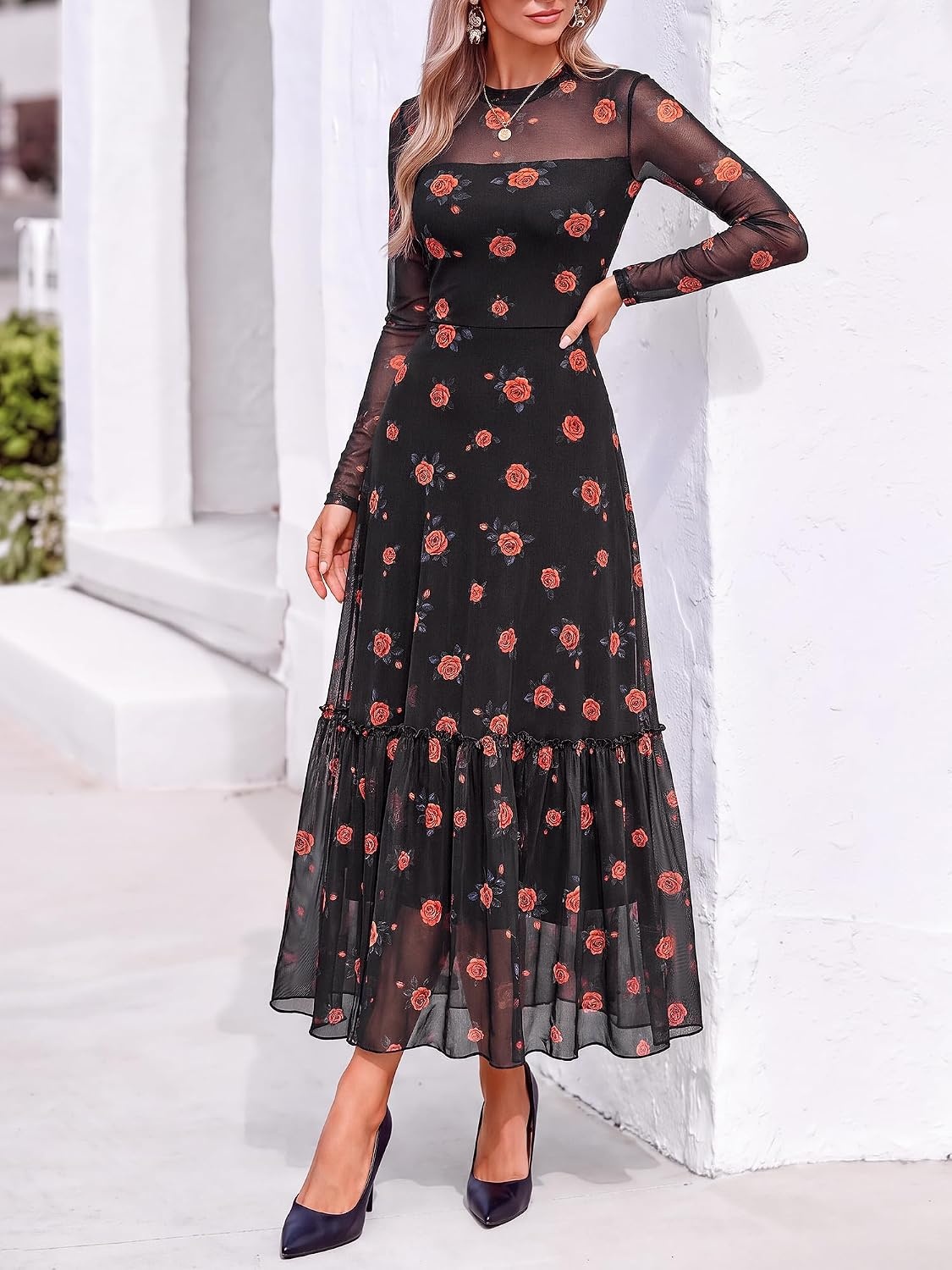 image:imageBTFBM Boho Mesh Long Sleeve Dress for WomenFloral Black Orange
