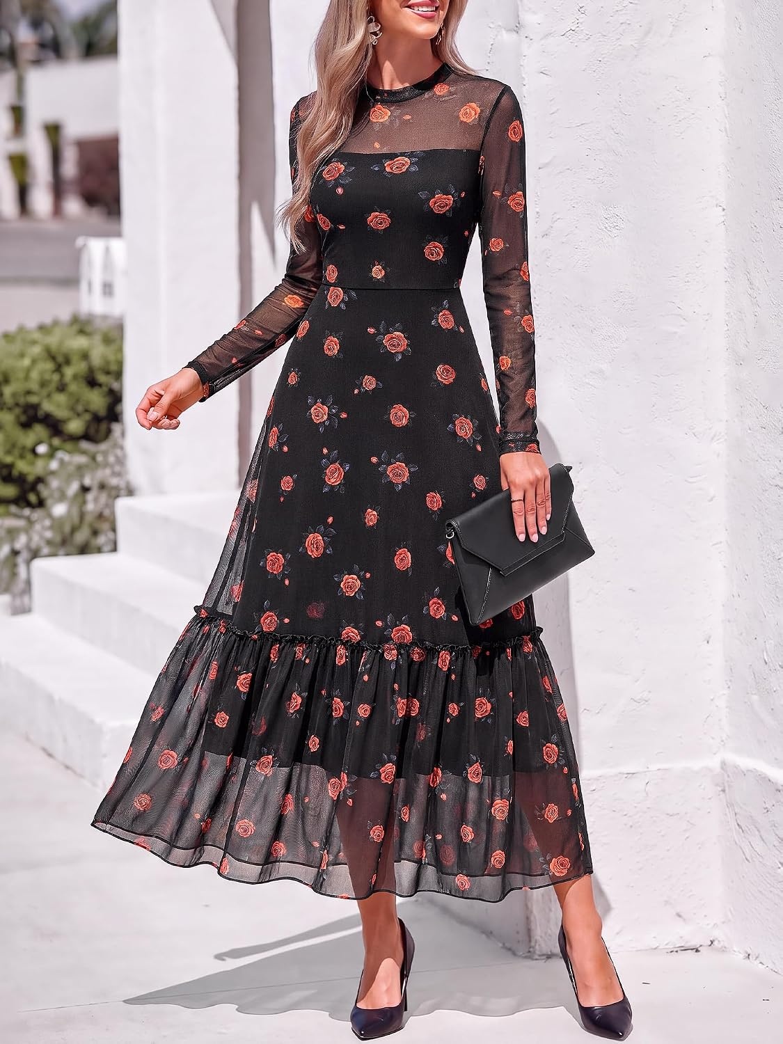 image:imageBTFBM Boho Mesh Long Sleeve Dress for WomenFloral Black Orange