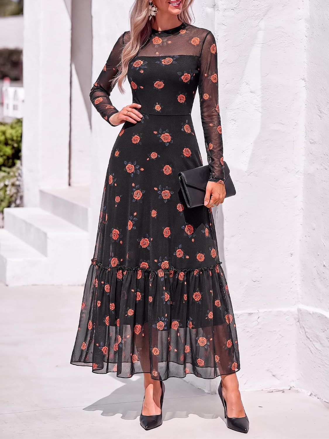 image:imageBTFBM Boho Mesh Long Sleeve Dress for WomenFloral Black Orange