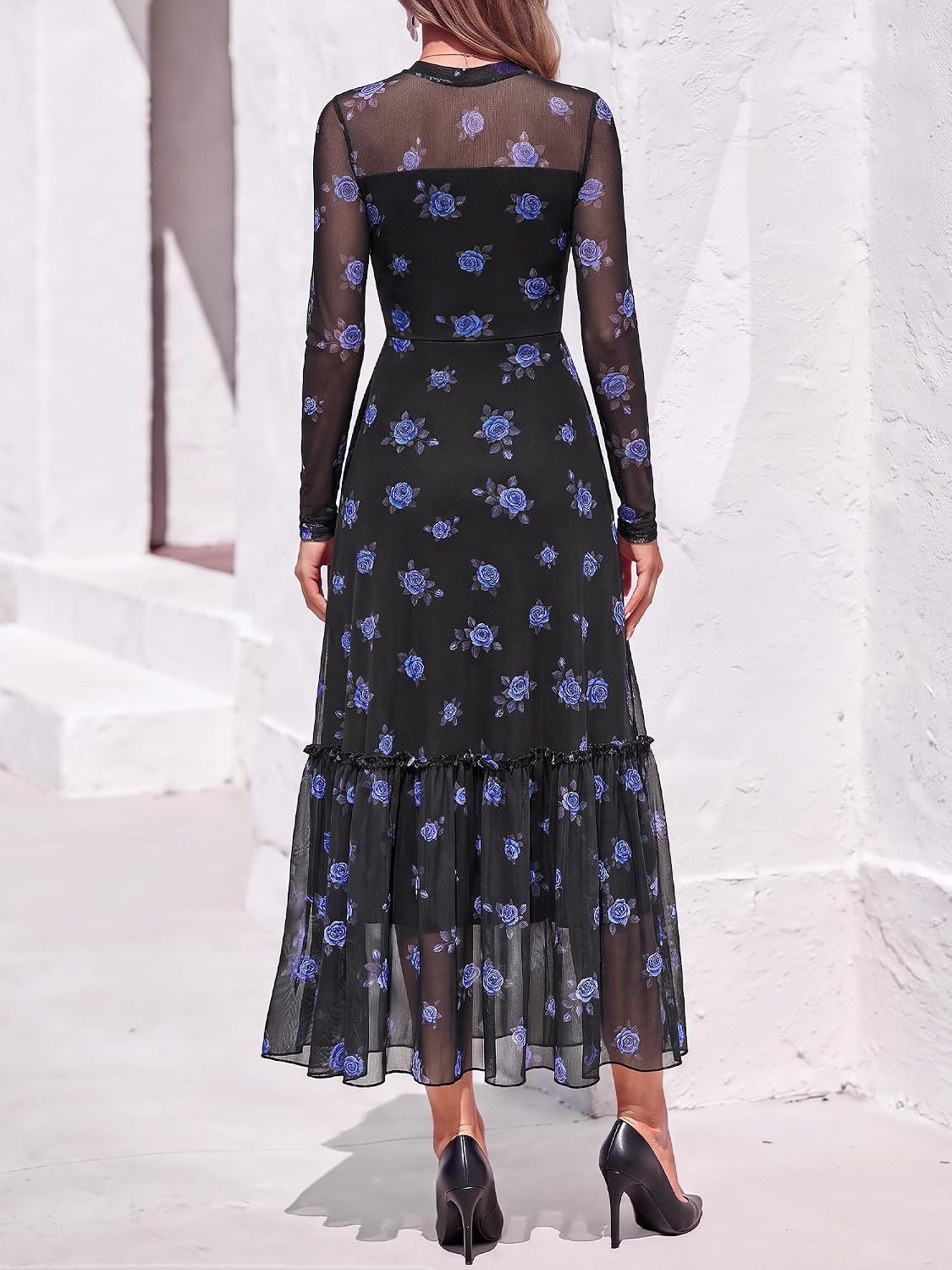 image:imageBTFBM Boho Mesh Long Sleeve Dress for WomenFloral Black Royal Blue