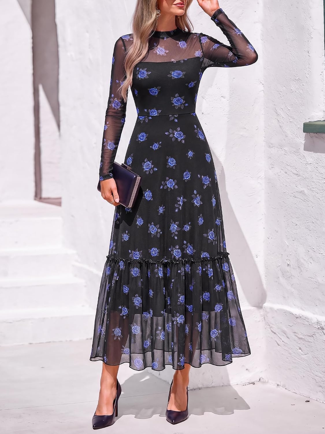 image:imageBTFBM Boho Mesh Long Sleeve Dress for WomenFloral Black Royal Blue