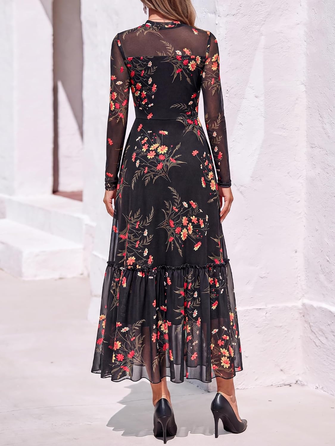 image:imageBTFBM Boho Mesh Long Sleeve Dress for WomenFloral Black Yellow