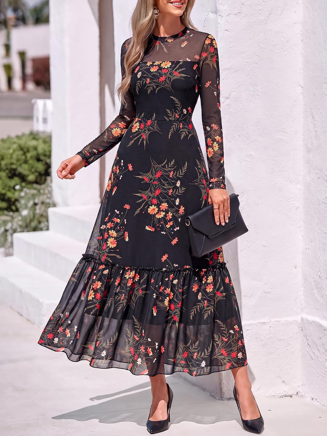 image:imageBTFBM Boho Mesh Long Sleeve Dress for WomenFloral Black Yellow
