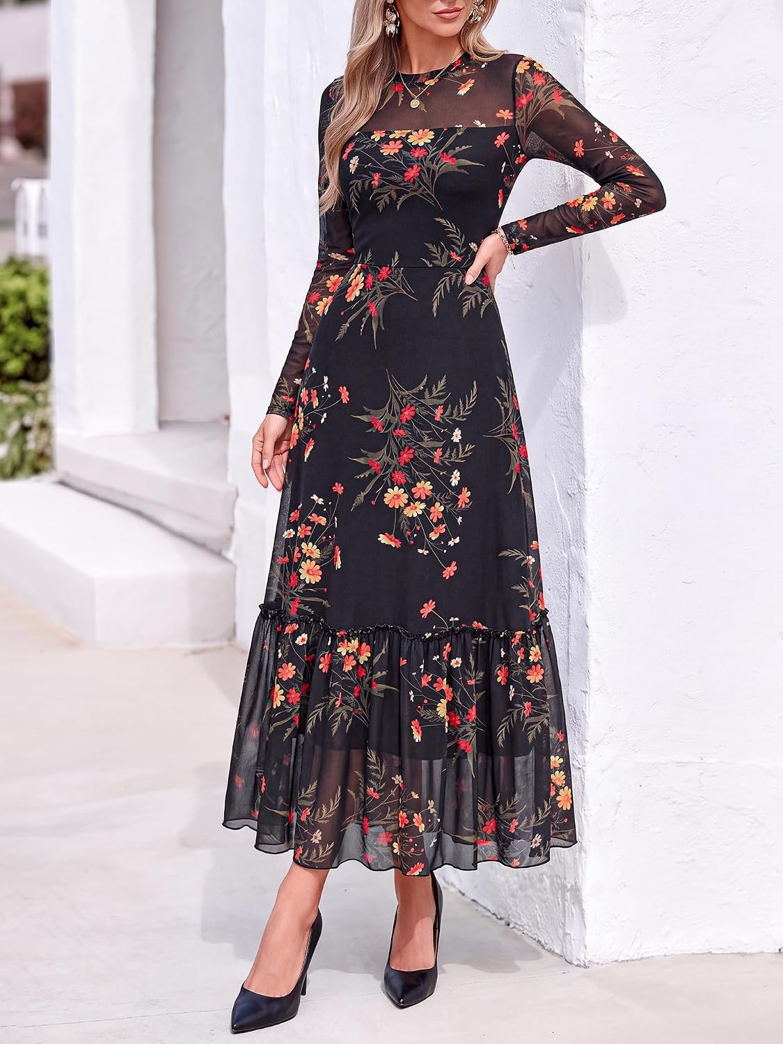 image:imageBTFBM Boho Mesh Long Sleeve Dress for WomenFloral Black Yellow